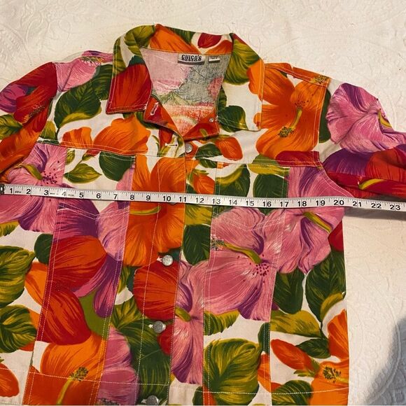 Chico’s Design size 0 Small Floral Tropical Hibiscus Pink & Orange Denim Jacket - Picture 8 of 12
